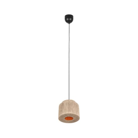 Lampadario a sospensione piccolo per soggiorno moderno nero con paralume in juta naturale