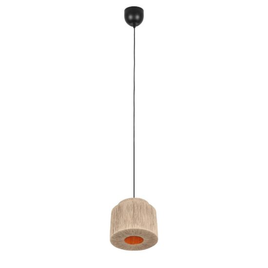 Lampadario a sospensione piccolo per soggiorno moderno nero con paralume in juta naturale
