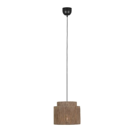 Lampadario a sospensione piccolo per soggiorno moderno nero con paralume in juta naturale