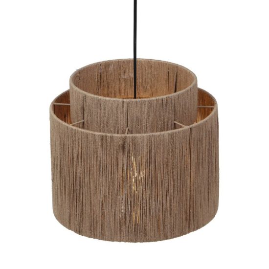 Lampadario a sospensione piccolo per soggiorno moderno nero con paralume in juta naturale