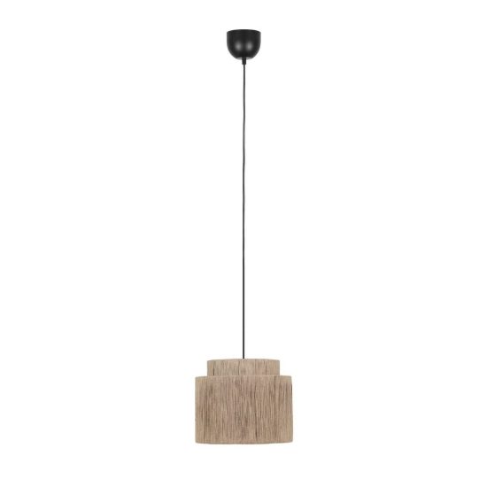 Lampadario a sospensione piccolo per soggiorno moderno nero con paralume in juta naturale