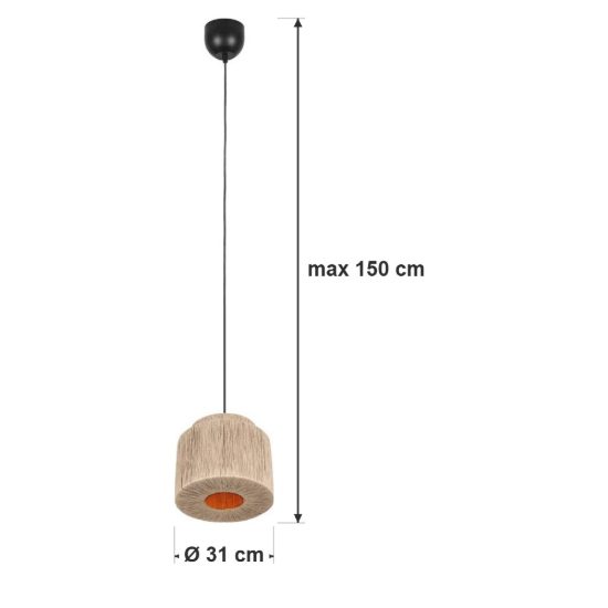 Lampadario a sospensione piccolo per soggiorno moderno nero con paralume in juta naturale