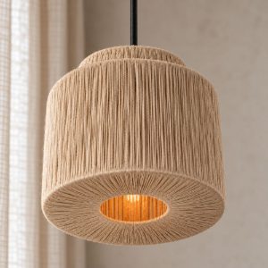 Lampadario a sospensione grande per soggiorno moderno nero con paralume in juta naturale