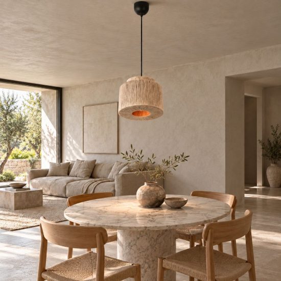 Lampadario a sospensione grande per soggiorno moderno nero con paralume in juta naturale