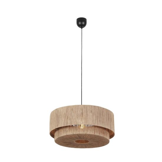 Lampadario a sospensione grande per soggiorno moderno nero con paralume in juta naturale