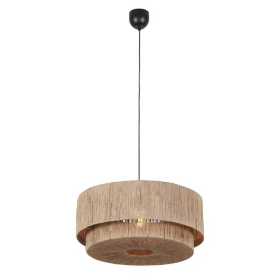 Lampadario a sospensione grande per soggiorno moderno nero con paralume in juta naturale