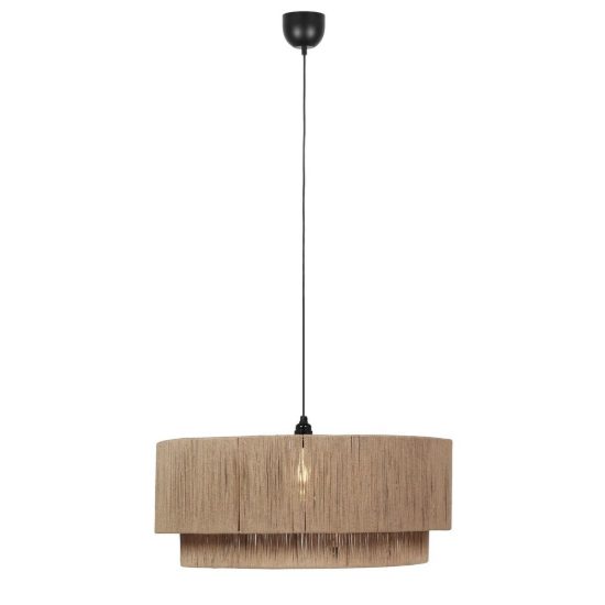 Lampadario a sospensione grande per soggiorno moderno nero con paralume in juta naturale
