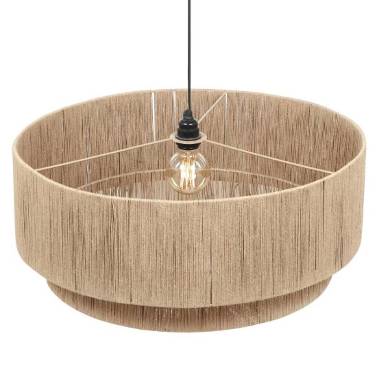 Lampadario a sospensione grande per soggiorno moderno nero con paralume in juta naturale