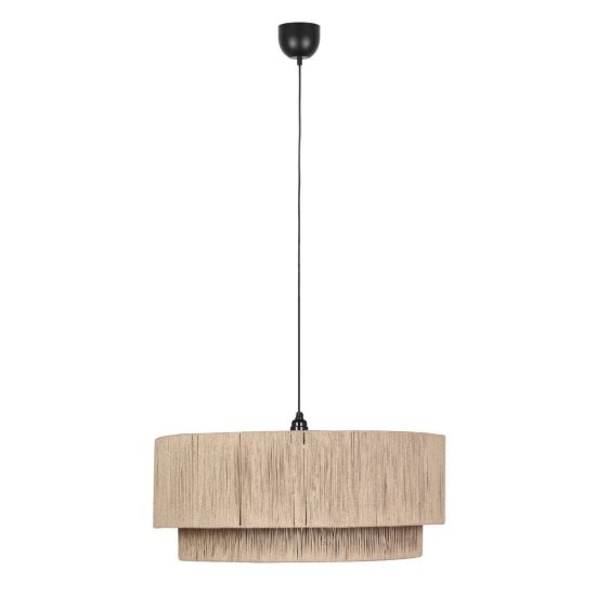 Lampadario a sospensione grande per soggiorno moderno nero con paralume in juta naturale