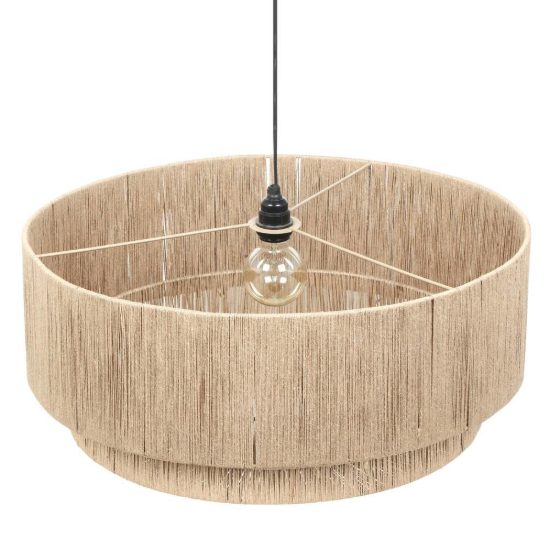 Lampadario a sospensione grande per soggiorno moderno nero con paralume in juta naturale