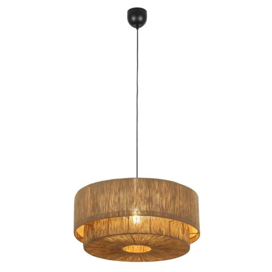 Lampadario a sospensione grande per soggiorno moderno nero con paralume in juta naturale