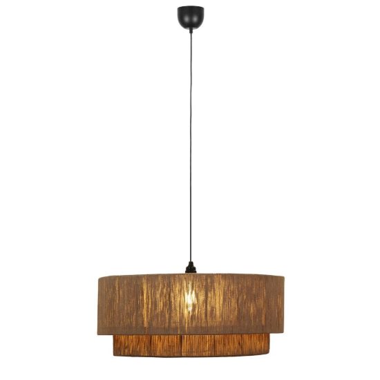 Lampadario a sospensione grande per soggiorno moderno nero con paralume in juta naturale