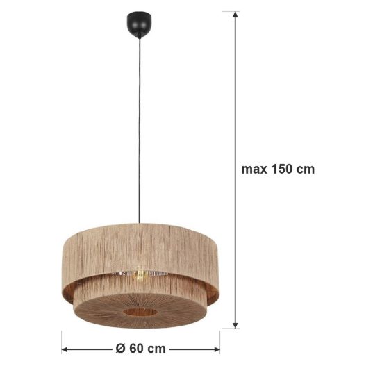 Lampadario a sospensione grande per soggiorno moderno nero con paralume in juta naturale