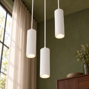 Lampadario a sospensione 3 luci per salotto rotondo bianco con diffusori cilindrici rigati