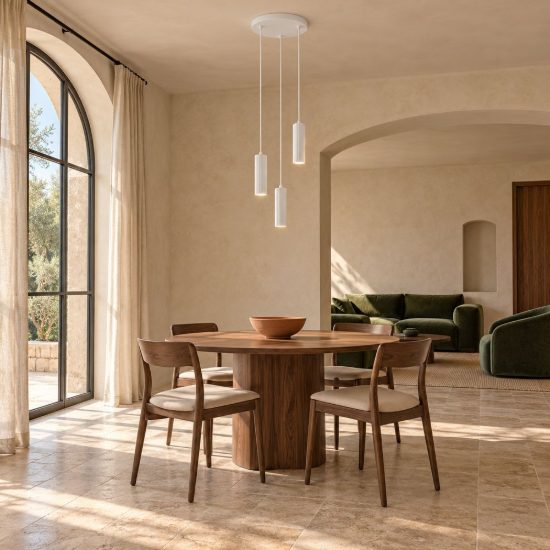 Lampadario a sospensione 3 luci per salotto rotondo bianco con diffusori cilindrici rigati