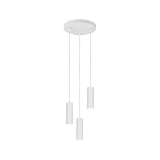 Lampadario a sospensione 3 luci per salotto rotondo bianco con diffusori cilindrici rigati