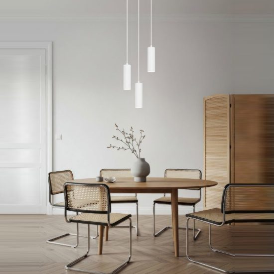 Lampadario a sospensione 3 luci per salotto rotondo bianco con diffusori cilindrici rigati