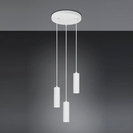 Lampadario a sospensione 3 luci per salotto rotondo bianco con diffusori cilindrici rigati