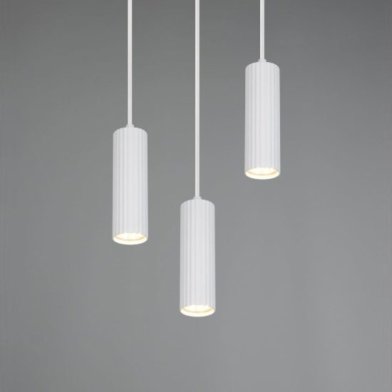 Lampadario a sospensione 3 luci per salotto rotondo bianco con diffusori cilindrici rigati