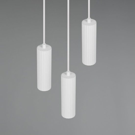 Lampadario a sospensione 3 luci per salotto rotondo bianco con diffusori cilindrici rigati