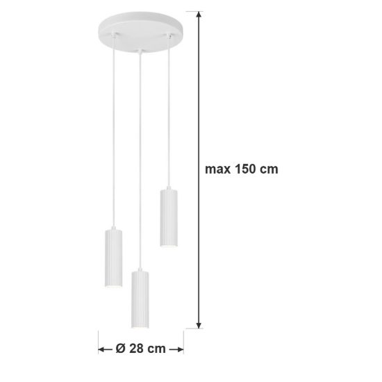 Lampadario a sospensione 3 luci per salotto rotondo bianco con diffusori cilindrici rigati
