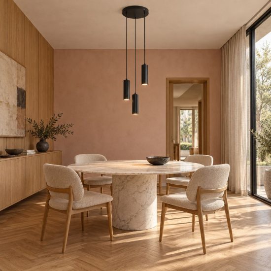 Lampadario a sospensione 3 luci per sala da pranzo rotondo nero con diffusori cilindrici rigati