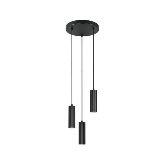 Lampadario a sospensione 3 luci per sala da pranzo rotondo nero con diffusori cilindrici rigati