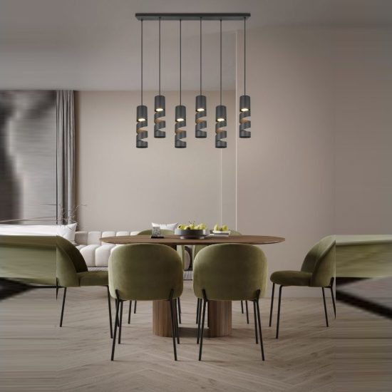 Lampadario a sospensione 3 luci per sala da pranzo rotondo nero con diffusori cilindrici rigati