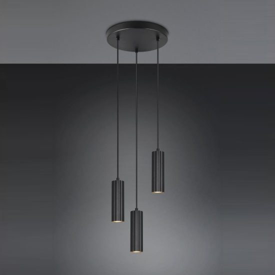 Lampadario a sospensione 3 luci per sala da pranzo rotondo nero con diffusori cilindrici rigati