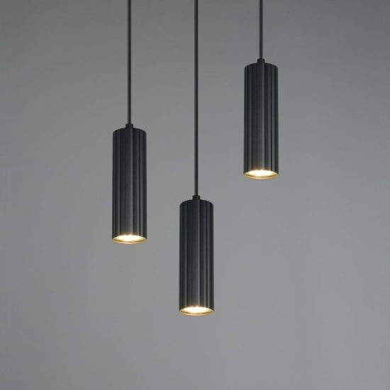 Lampadario a sospensione 3 luci per sala da pranzo rotondo nero con diffusori cilindrici rigati