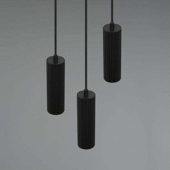 Lampadario a sospensione 3 luci per sala da pranzo rotondo nero con diffusori cilindrici rigati