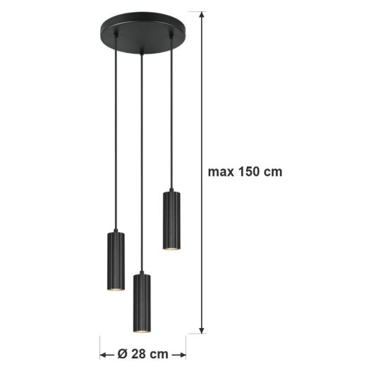Lampadario a sospensione 3 luci per sala da pranzo rotondo nero con diffusori cilindrici rigati