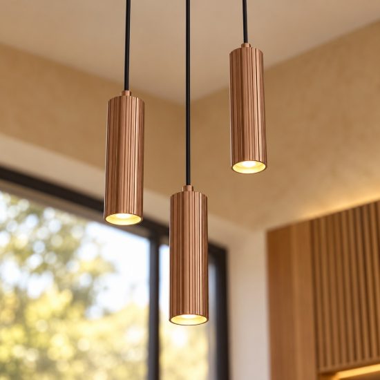 Lampadario a sospensione 3 luci per sala da pranzo rotondo grigio caldo caffe con diffusori cilindrici rigati