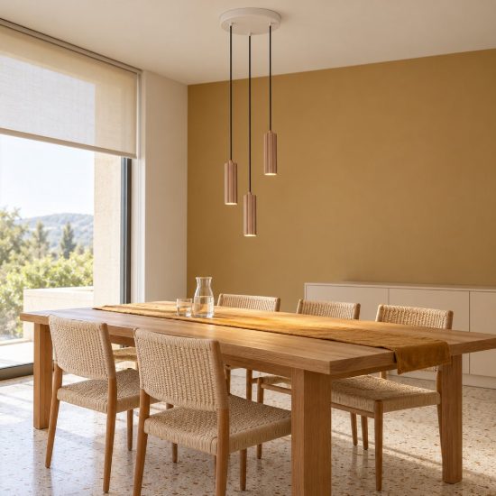 Lampadario a sospensione 3 luci per sala da pranzo rotondo grigio caldo caffe con diffusori cilindrici rigati