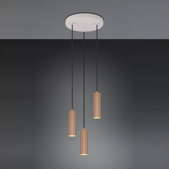 Lampadario a sospensione 3 luci per sala da pranzo rotondo grigio caldo caffe con diffusori cilindrici rigati
