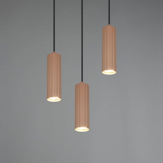 Lampadario a sospensione 3 luci per sala da pranzo rotondo grigio caldo caffe con diffusori cilindrici rigati