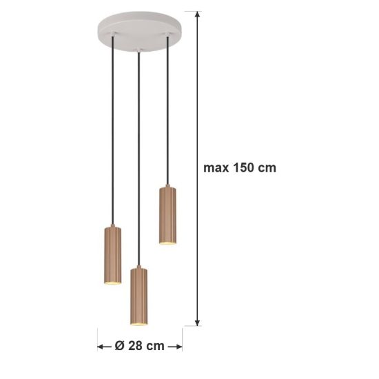 Lampadario a sospensione 3 luci per sala da pranzo rotondo grigio caldo caffe con diffusori cilindrici rigati