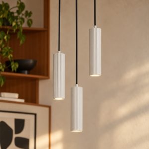 Lampadario a sospensione 3 luci per soggiorno rotondo grigio caldo con diffusori cilindrici rigati