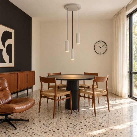 Lampadario a sospensione 3 luci per soggiorno rotondo grigio caldo con diffusori cilindrici rigati