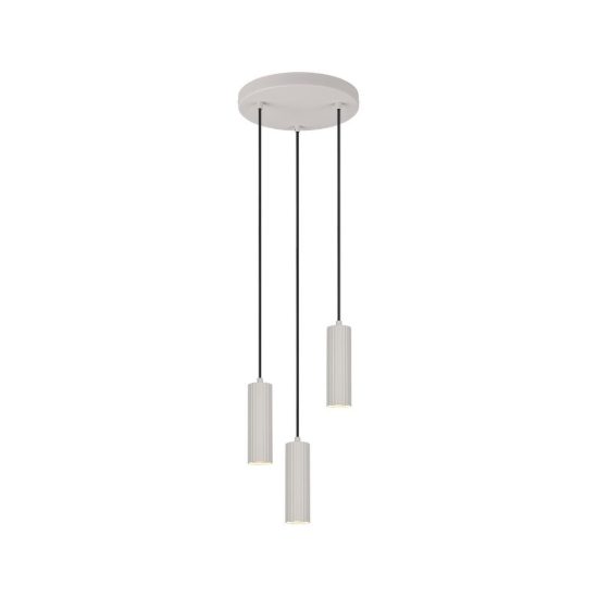 Lampadario a sospensione 3 luci per soggiorno rotondo grigio caldo con diffusori cilindrici rigati