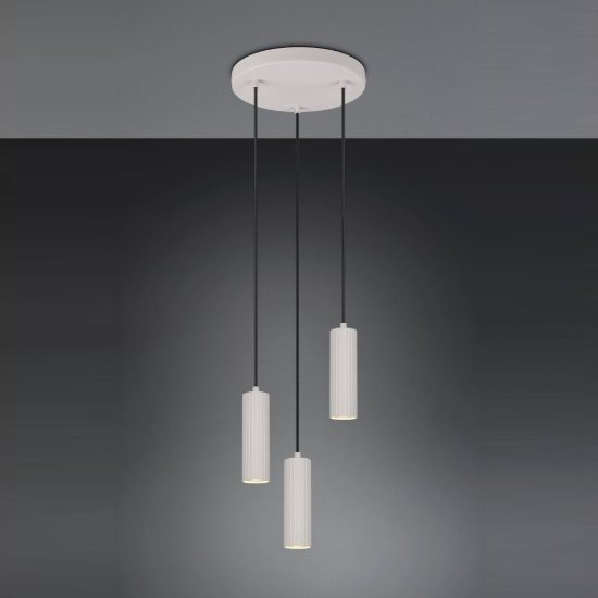 Lampadario a sospensione 3 luci per soggiorno rotondo grigio caldo con diffusori cilindrici rigati