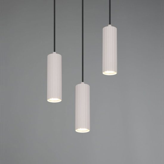 Lampadario a sospensione 3 luci per soggiorno rotondo grigio caldo con diffusori cilindrici rigati