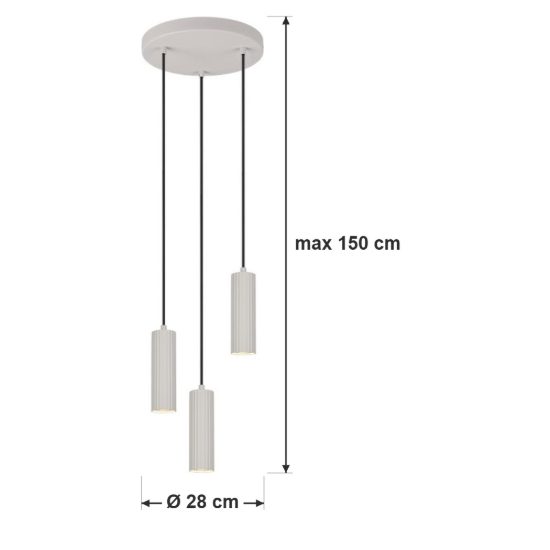Lampadario a sospensione 3 luci per soggiorno rotondo grigio caldo con diffusori cilindrici rigati