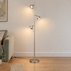 Piantana 3 luci led 15w cct 2300k 3000k 4000k per soggiorno nichel opaco con diffusori conici