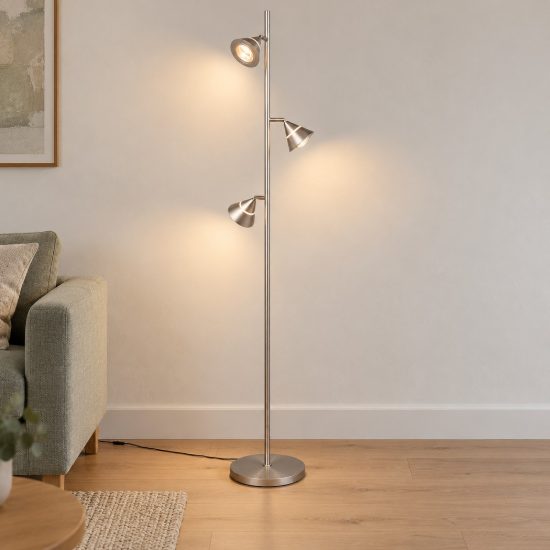 Piantana 3 luci led 15w cct 2300k 3000k 4000k per soggiorno nichel opaco con diffusori conici