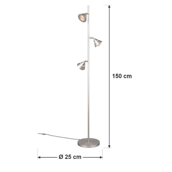 Piantana 3 luci led 15w cct 2300k 3000k 4000k per soggiorno nichel opaco con diffusori conici