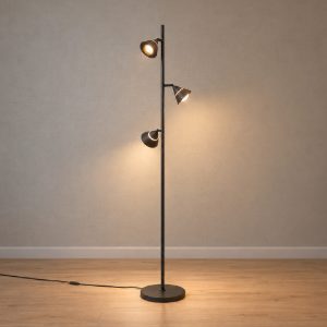 Piantana 3 luci led 15w cct 2300k 3000k 4000k per soggiorno nera con diffusori conici