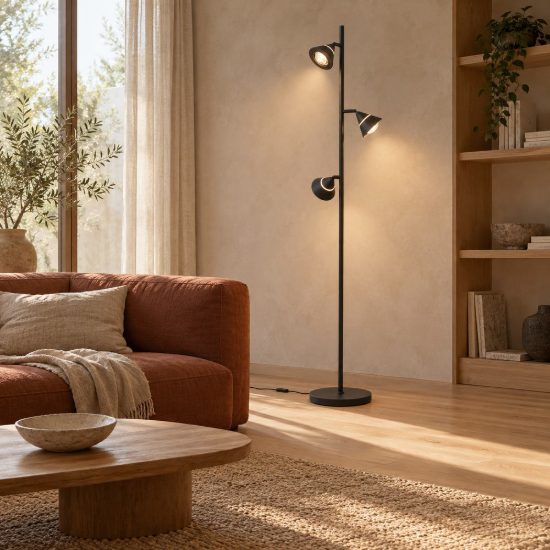 Piantana 3 luci led 15w cct 2300k 3000k 4000k per soggiorno nera con diffusori conici