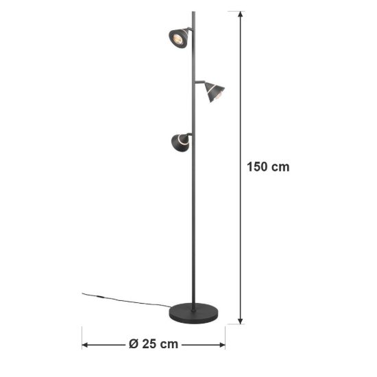 Piantana 3 luci led 15w cct 2300k 3000k 4000k per soggiorno nera con diffusori conici