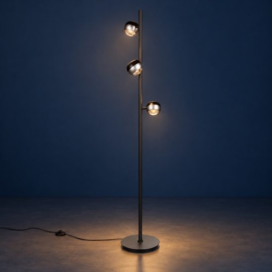 Piantana per salotto 3 luci led 25,5w cct 2300k 3000k 4000k touch bi-emissione nichel opaco nera